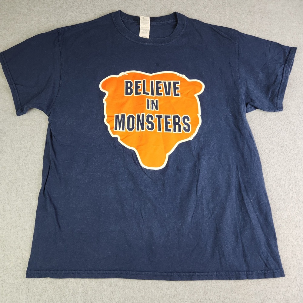 Gildan T-Shirt Mens Large Navy Blue Believe In Monsters Graphic Heavy Cotton